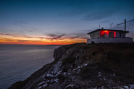 kusten, på kvällen, Ocean, Dorset, Kustbevakningen, England, solnedgång