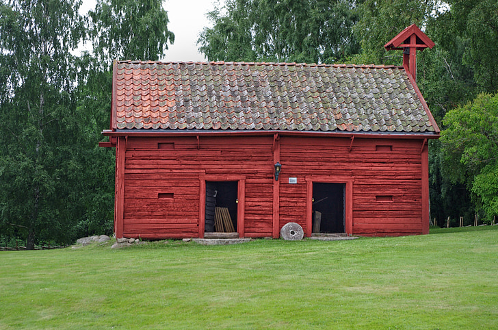 stodola, Švédsko, malebný, staré, dřevo, dřevěný, stromy