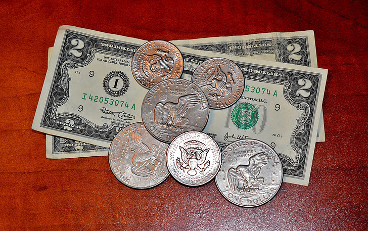 пари, парични средства, USD, две долар бил, половин долар, долар монети, Сребърен долар