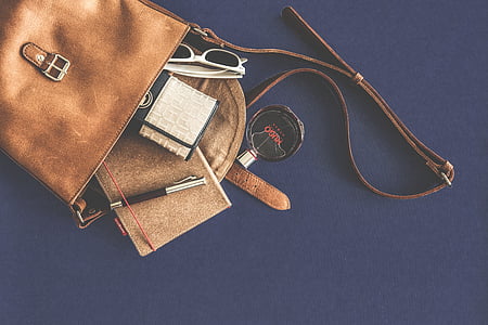 brun, läder, sling, väska, blå, yta, handväska