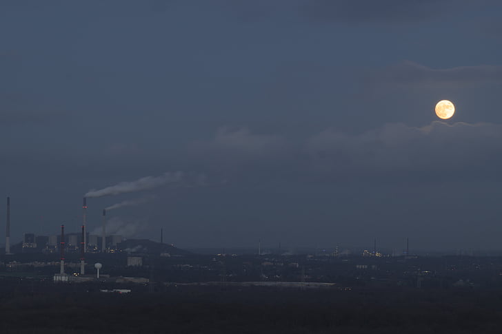 iparág, erőmű, Hold, Gelsenkirchen, scholven, széntüzelésű erőmű, éjszaka