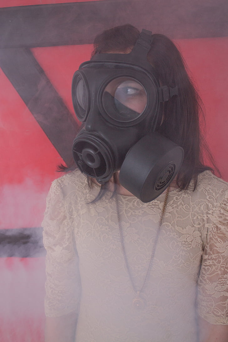 gas mask, girl, dress, smoke, woman, fog, abc-attack