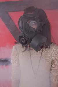 dujų kaukė, mergaitė, suknelė, dūmai, moteris, rūkas, ABC-ataka
