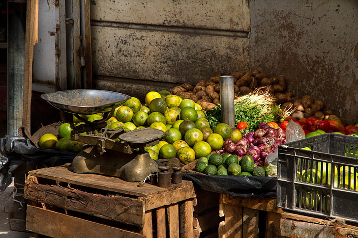 marknaden, horisontell, Mombasa, frukter, frukt, grönsaker, inköp