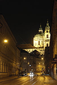 プラハ, チェコ共和国, ストリート, 夜, 反射, ライト, 光の反射