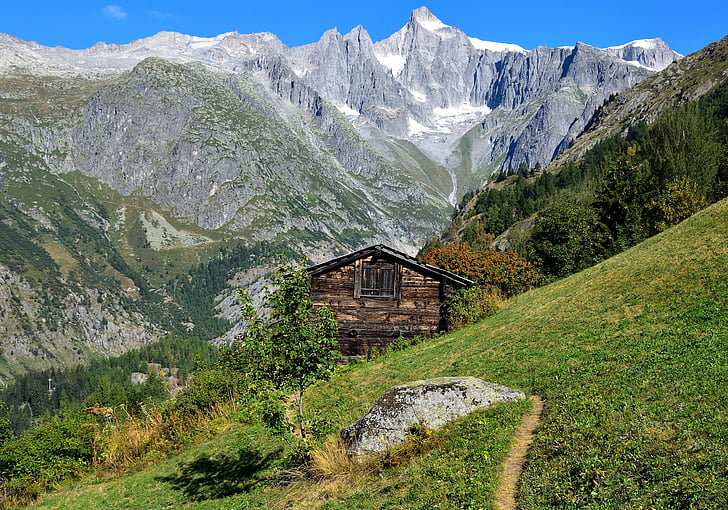 Hora, horské chaty, krajina, alpské, Horská chata, dovolená, zelená