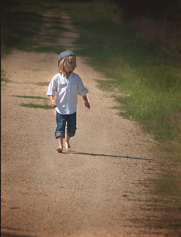 boy, walking, dirt road, country, child, young, male