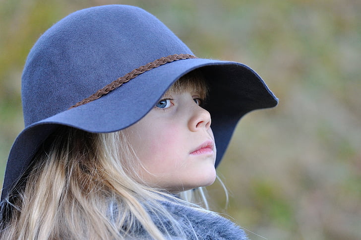 girl, child, blond, hat, view, self-conscious, consider