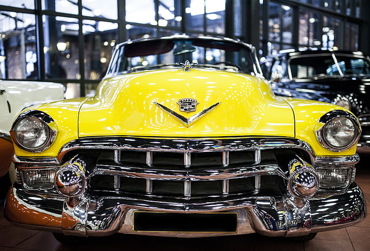 yellow, car, vehicle, transportation, old, antique, on