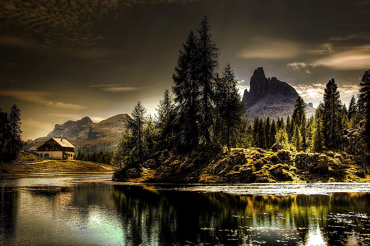 Dolomites, Croda da lago, Yaz, gökyüzü, İtalya, ALM, doğa