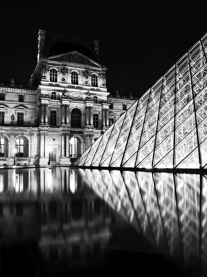 Museo, pirámide, luz, reflexión, edificio histórico, edificio, blanco y negro