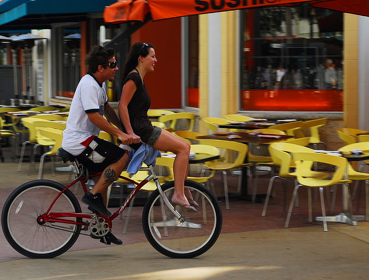 homem, mulher, menino, menina, andar de bicicleta, diversão, feliz