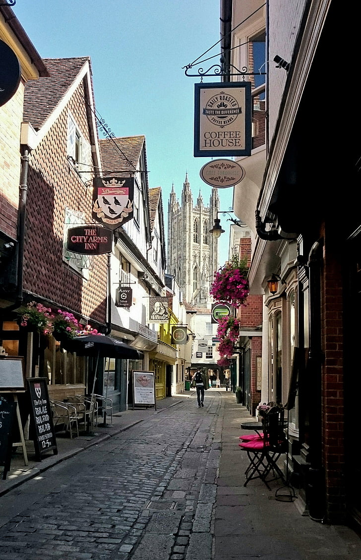 rue, boutiques, Canterbury, Cathédrale, scène urbaine, architecture, ville