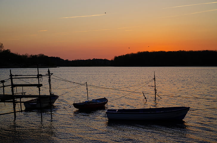 zachód słońca, Boot, Jezioro, Abendstimmung