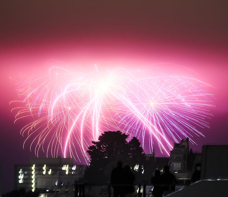 aerial, photo, pink, fireworks, high, rise, buildings