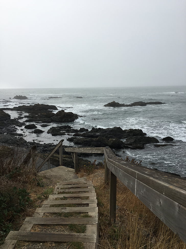 stairs, ocean, rails, leading line, gloomy, coastline, sea
