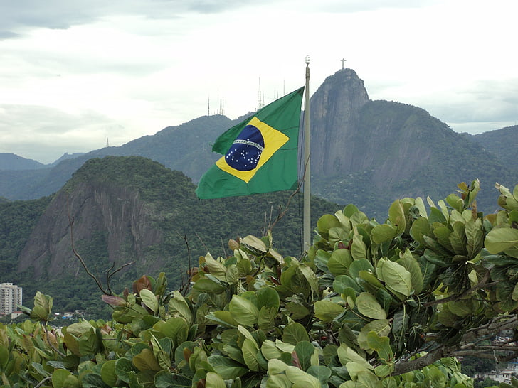 brazil, flag, green, flagpole, rio de janeiro, landscape, christ the redeemer
