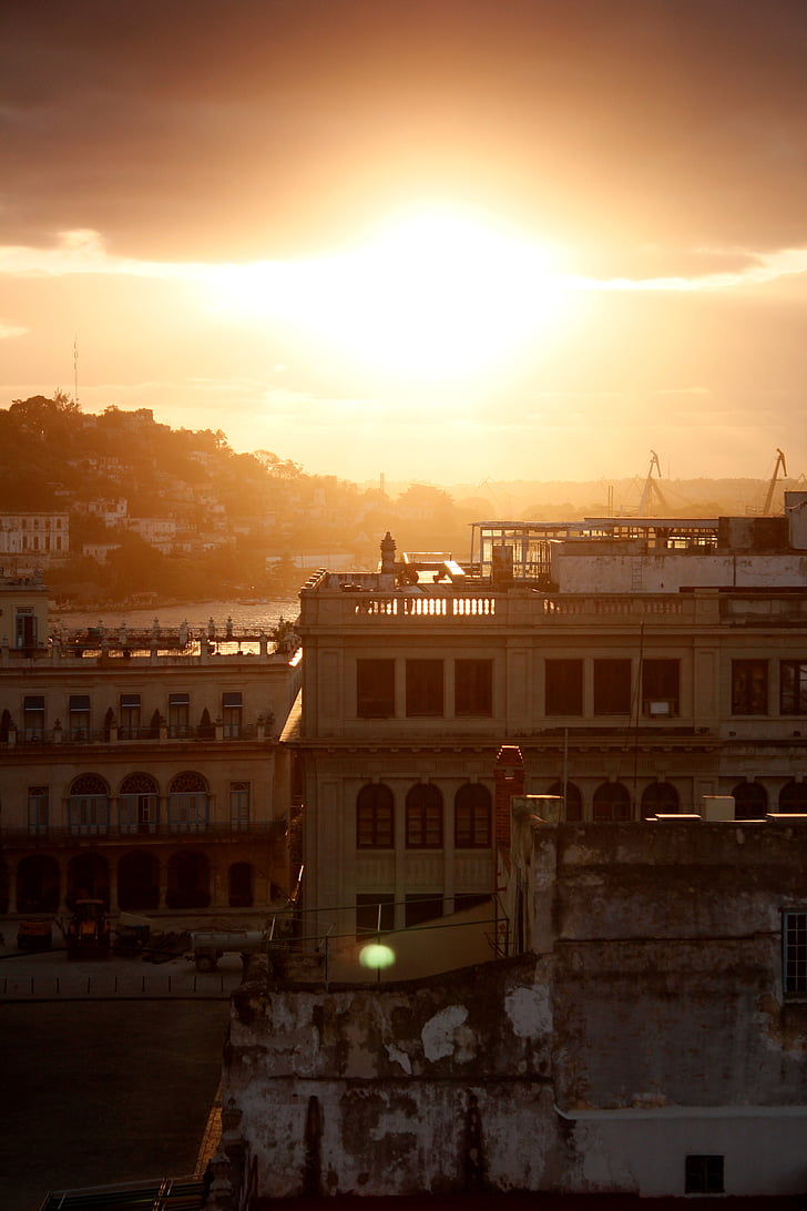 Cuba, Havana, solnedgang, soloppgang, skyline, Horizon, skyer