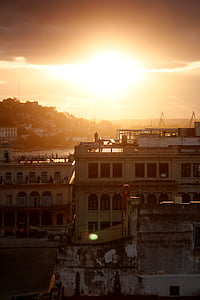 Kuba, Havana, Saulėlydis, saulėtekio, Panorama, Horizontas, debesys