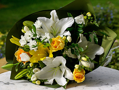 μπουκέτο, λουλούδια, δέσμη, Κίτρινο, λευκό, πράσινο, παρόντες