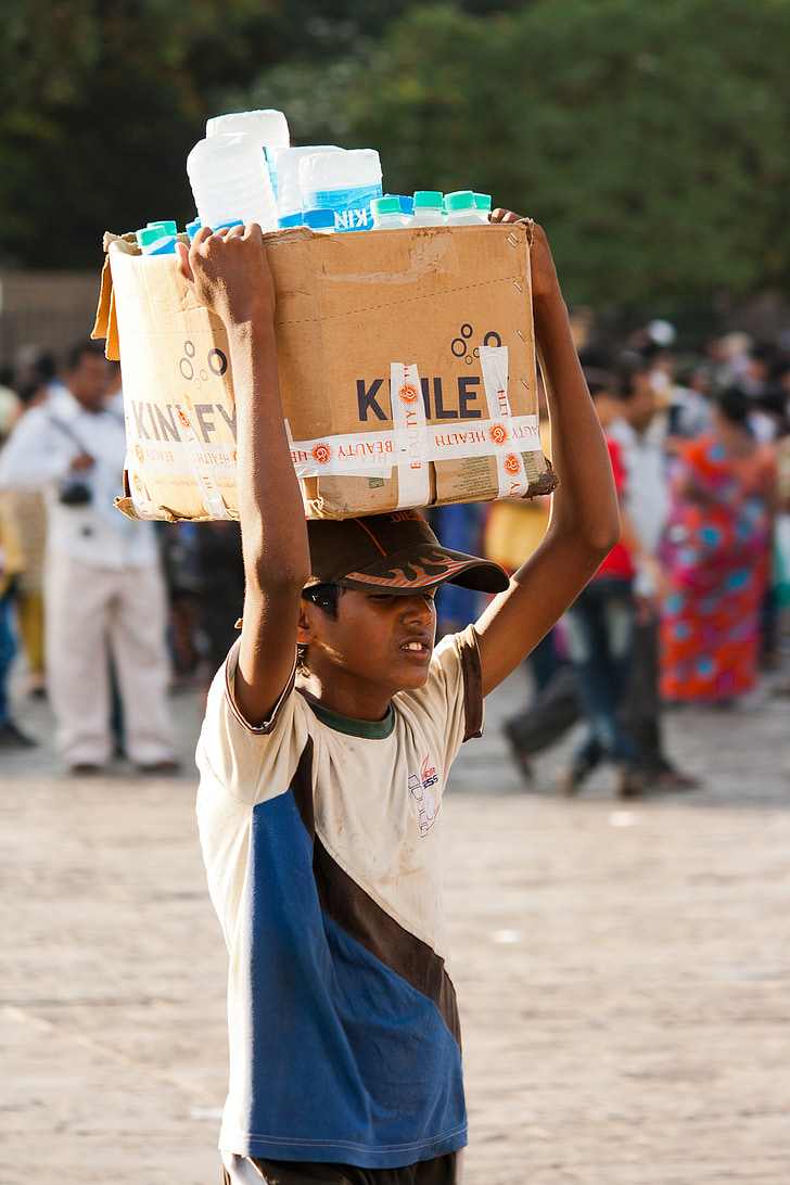 น้ำ, ผู้ขาย, อินเดีย, เด็กชาย, หัว, ดำเนินการ, กล่อง