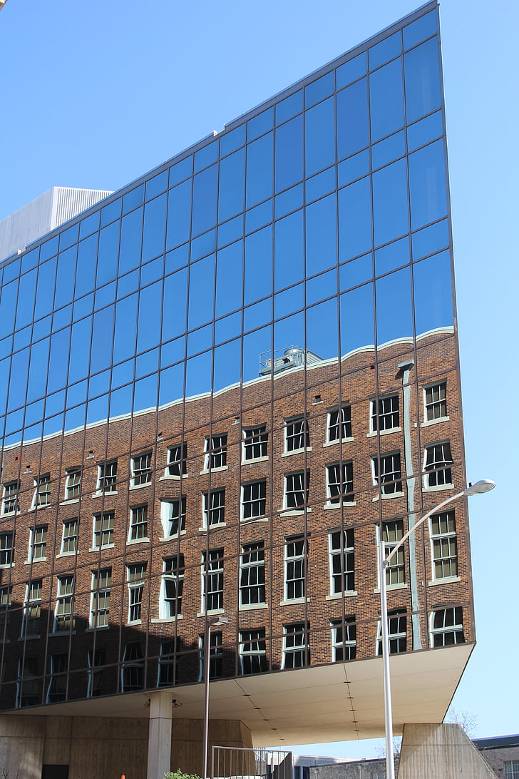 building, reflection, glass, windows, modern, futuristic, urban