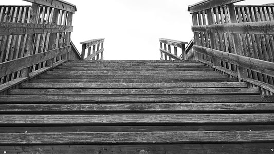 stepenice, drvene ljestve, pojava, crno i bijelo, drvo - materijal, šetalište, most - čovjek napravio strukture