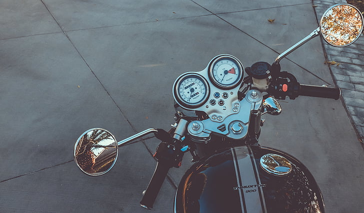 black, silver, motorcycle, gauge, side, mirrors, handlebars