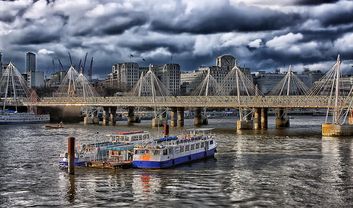 Лондон, Англия, HDR, лодки, корабли, мост, здания