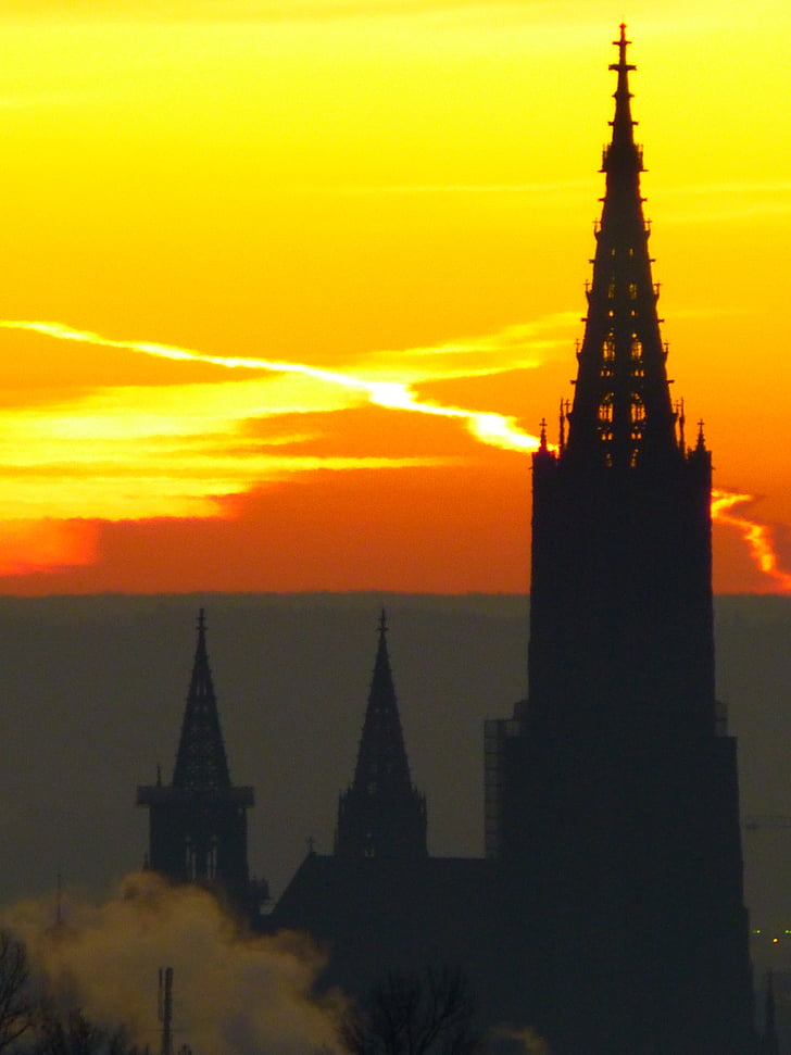 zonsopgang, Ulm, Ulm kathedraal, hemel, mooie, stemming, ochtend