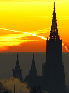 nascer do sol, Ulm, Catedral de Ulm, céu, linda, humor, manhã