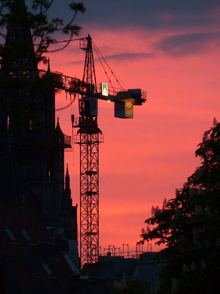 Baukran, Crane, coucher de soleil, site, rouge, travaux de construction, Sky