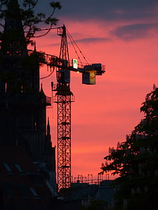 baukran, Crane, solnedgång, webbplats, röd, byggnadsarbeten, Sky