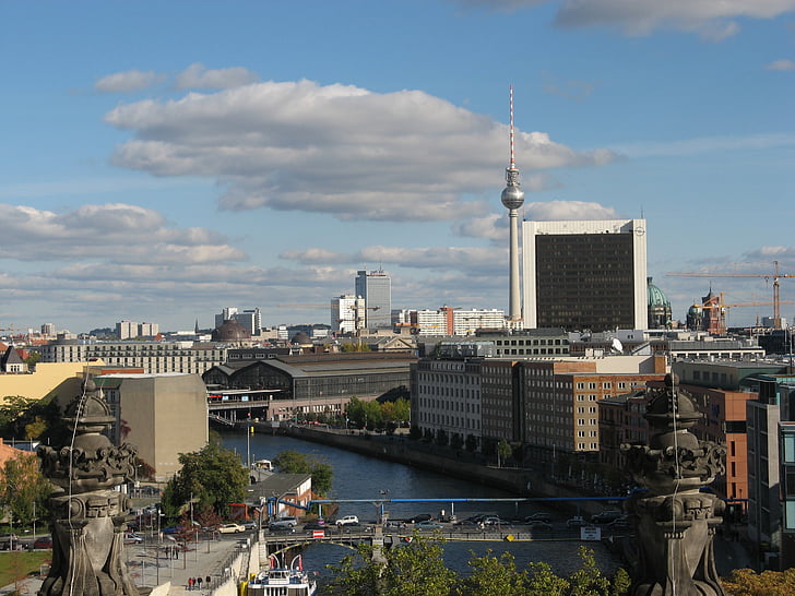 Berlynas, Bundestagas, Šprė, miesto peizažas, Garsios vietos, Architektūra, miesto arenoje