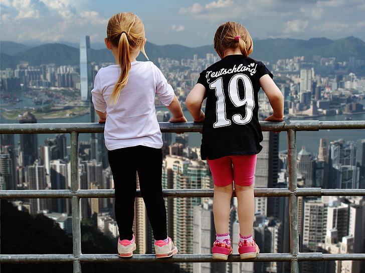 Hong kong, pemandangan, Gadis, pagar berani, ngarai, menakjubkan, tidak takut ketinggian