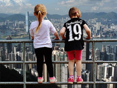 Хонконг, изглед, Момиче, ограда смели, дефиле, зашеметяване, няма страх от височини
