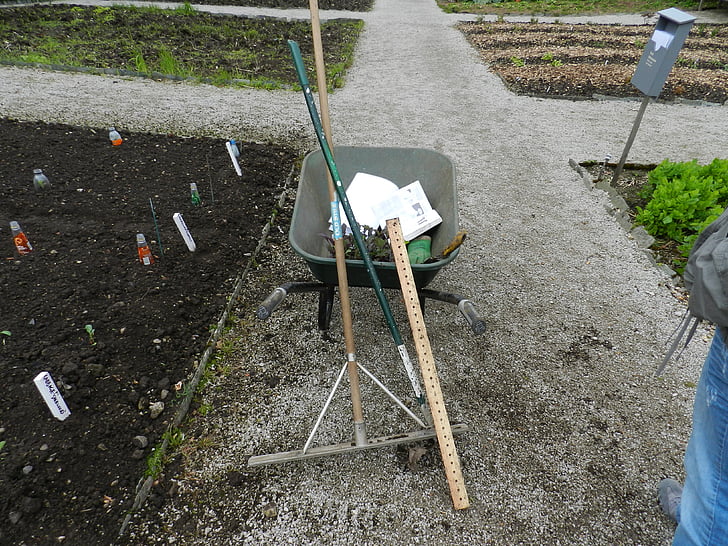 wheel barrow, rake, garden tools, garden, barrow, gardening, wheelbarrow