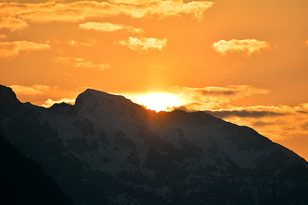 Схід сонця, НД, сонячне світло, гори, гірські вершини, небо, хмари