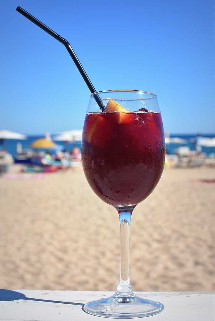 sangria, wine, straw, drink, alcohol, sea, beach