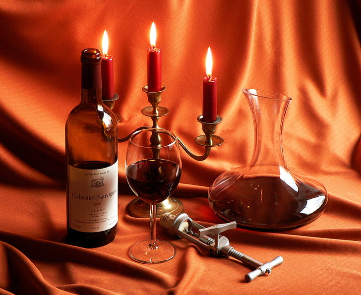 свещ, вино, червен, отварачка за консерви, стъкло, светлина, огън