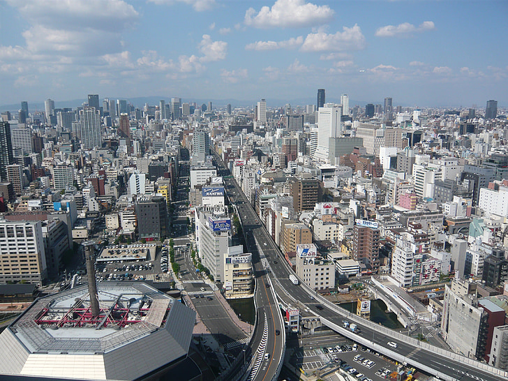 Osaka, cakrawala, pemandangan kota, modern, Jepang, perkotaan, Kansai