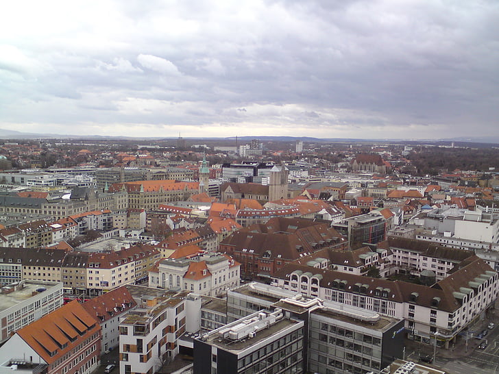 město, Panorama, budova, nahoru, obloha, mraky, pohled