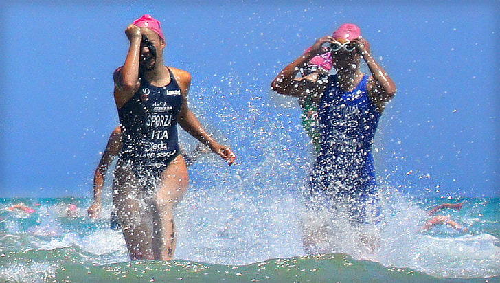 swimmers, competition, triathalon, beach, athletes, fitness, women