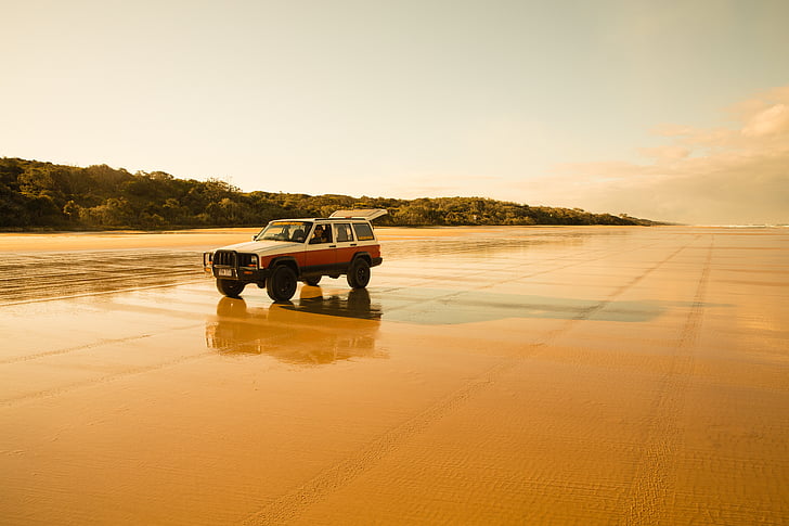 Fraser Eiland, strand, zand, Jeep, veel, platte, eenzaam
