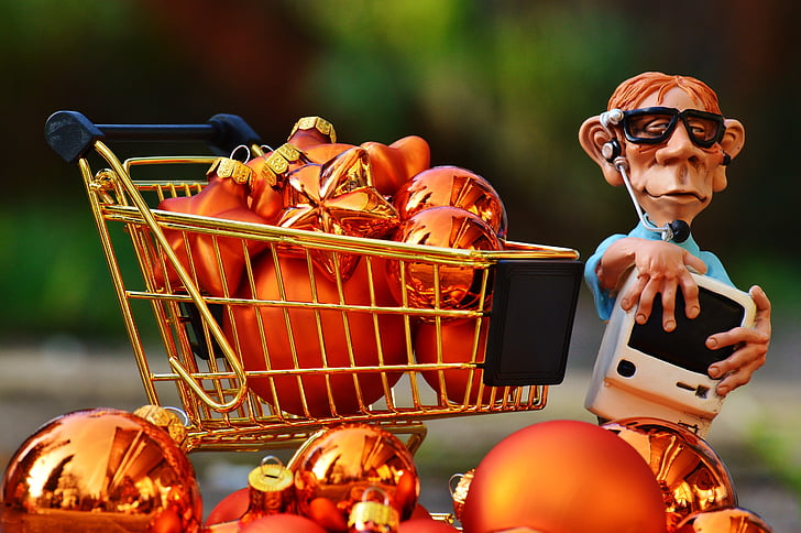 online shopping, christmas, shopping cart, shopping, purchasing, christmas balls, trolley