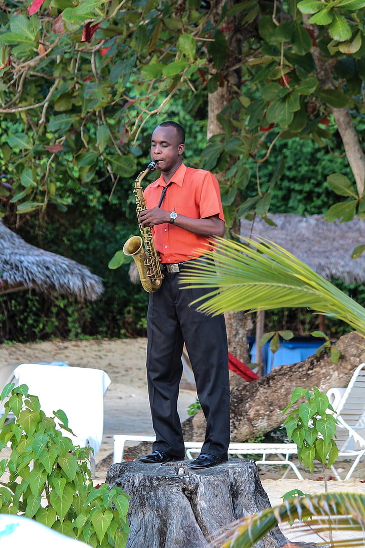 Jamaika, saksofons, mūzika, pludmale, mūziķis, džezs, spēlēt