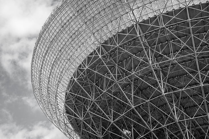 радио телескоп, effelsberg, Черно и бяло, структура, архитектура, Айфел, телескоп