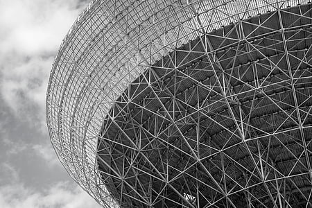 Radio-télescope, Effelsberg, noir et blanc, structure, architecture, Eifel, télescope