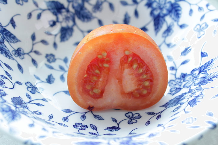 tomato, cut, half, seeds, food, bowl