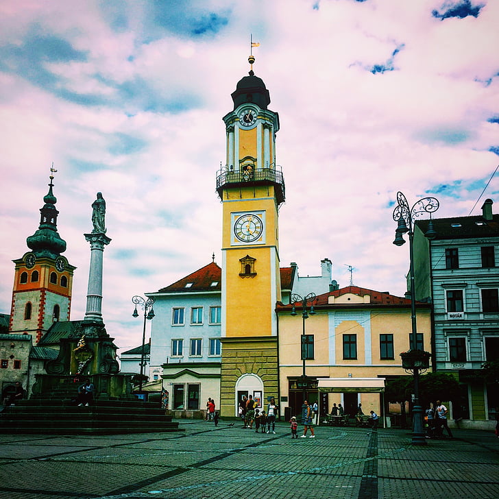 град, Словакия, кула, небе, площад, архитектура, сграда